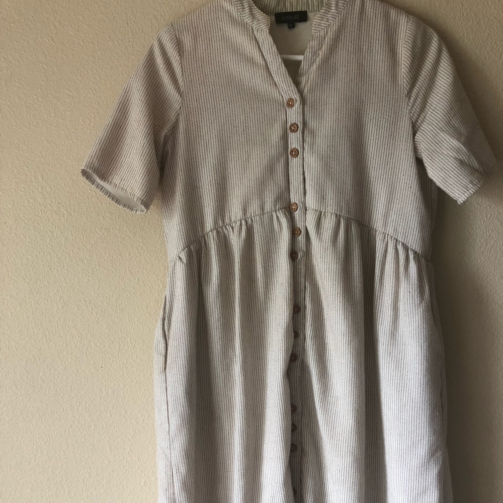 ROOLEE taupe striped button down dress